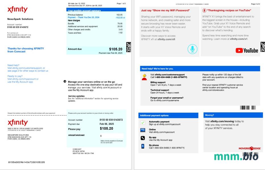 USA XFINITY rachunek za usługi komunalne Word i szablon PDF, Wersja 2
